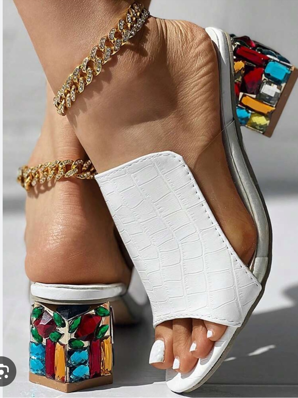 Hengsong jewelled heel white crocodile mules size 10